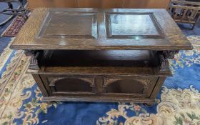 Early 20th Century Jacobean Style Oak Panelled Monks Bench, typical form,