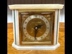 A Fine Art Deco Period White Marble and Malachite brass faced Mantle Clock by Elliott of London,