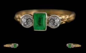 Ladies Excellent 18ct Gold Three Stone Emerald & Diamond Set Ring, marked 18ct to shank.