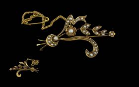 Edwardian Period 1902 - 1910 9ct Gold Brooch, Set with Seed Pearls, In the Form of a Flower Spray