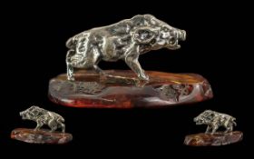 Novelty Silver Figure of a Wild Boar. Hallmarked Silver Figure of a Wild Boar on an Amber Base.