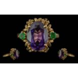 Ladies Pleasing 9ct Gold Amethyst & Emerald Set Ring - Ornate Setting. Full Hallmark To Interior