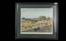 Signed Tom Dodson Print, depicting a pier and promenade with figures and horse and carriage.