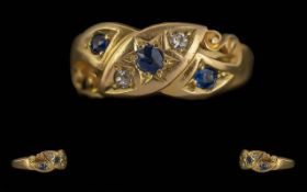 Antique Period Ladies 18ct Gold Sapphire & Diamond Set Ring - Pleasing Design/ Setting.