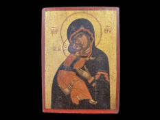 Russian Icon Finely Painted on a Wood Panel, depicting the Madonna and Christ on a gold ground.