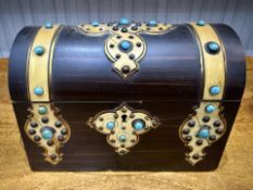 Gothic Victorian Rosewood Dome Top Stationery Box, brass strap work and jewelled mounts.