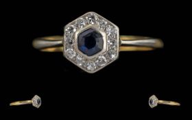 Ladies Excellent 18ct Gold & Platinum Six Sided Diamond & Blue Sapphire Set Dress Ring - Marked