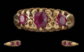 Antique Period 18ct Gold 3 Stone Ruby Set Ring, Raised Open Setting. Tests 18ct Gold.