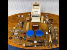 Box of Collectibles, to include blue enamel dressing table set, jewellery box and costume jewellery,