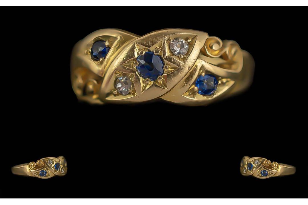 Antique Period Ladies 18ct Gold Sapphire & Diamond Set Ring - Pleasing Design/ Setting. - Image 2 of 2