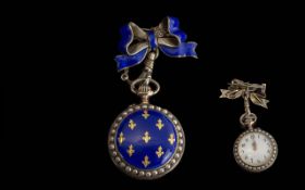French Late 19th Century Exquisite Quality Silver Gilt and Blue Enamel Ribbon Design Seed Pearl