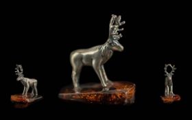 Novelty Silver Figure of an Elk / Stag. Silver Figure of a Stag / Elk on An Amber Base.