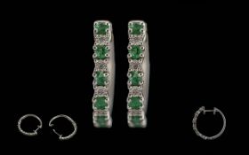 Pair of 9ct White Gold Diamond & Emerald Earrings, hoop style,