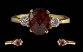 Ladies Excellent 18ct Gold 3 Stone Orange Garnet and Diamond Set Dress Ring. Marked 18ct to Interior