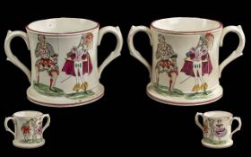 Pair of unusual antique Staffordshire pottery double handled frog tankards,