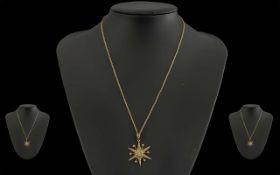 Antique Period Ladies 9ct Gold Star burst Pendant Drop Set with Seed Pearls. Marked 9ct.