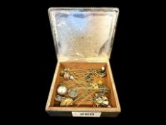 Small Hinged Plated Cigarette Box, containing a quantity of stick pins.