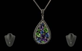 Ladies 14ct White Gold Pear Shaped Pendant - With A Black & White Diamond Set Border Around A