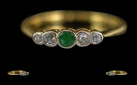 Ladies 18ct Gold - Petite 5 Stone Diamond / Emerald Set Ring.