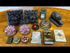 Box of Miscellaneous Items, to include carved wooden lion's head mask, carriage clock,