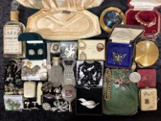 Box of Collectibles, to include a vintage compact 'Flying Saucer', Indian Silver butterfly bracelet,