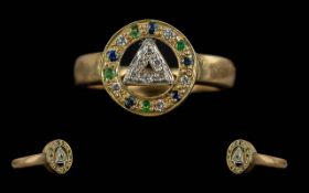 Ladies Pleasing 9ct Gold Gem Set Circular Dress Ring, Set with Diamonds, Emeralds and Blue