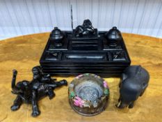 Modern Oriental Composite Desk Tidy with elephant lidded boxes, and paper storage,