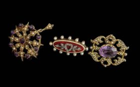 Antique Period Fine Quality Trio of 14ct & 9ct Gold Gem Set Brooches.