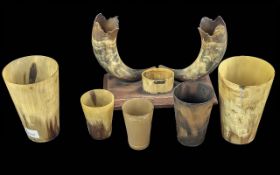Six Various Sized Antique 18th/19th Century Horn-beakers, one mounted on a wooden base.