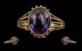 Ladies 9ct Gold Single Stone Amethyst Set Ring. Fancy Setting / Shank. Full Hallmark to Shank.