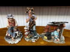 Three Capodimonte Figures, to include a drunk reclining, a tinker selling pots,
