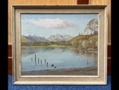 Thomas Bradley Oil on Board, lake with mountain backdrop, mounted and framed,