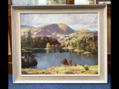 Unsigned Large oil on board Thomas Bradley, depicts a lake against mountain backdrop.