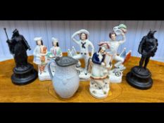 Four Staffordshire Pottery Figures, two depicting sailors, two musicians, tallest 10