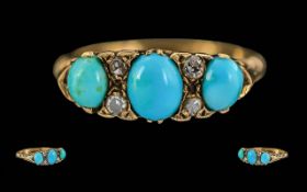 Antique Period Ladies 9ct Gold Turquoise & Diamond Set Ring - Marked 9ct To Interior Of Shank.