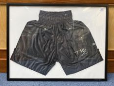 Boxing Interest - Tyson Fury Signed Shorts, mounted in a modern black frame behind glass.