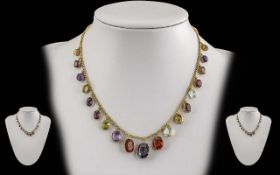 Antique Period Ladies 9ct Gold - Pleasing Multi-Gem Set Necklace.