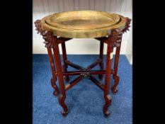 Wooden Fold-Down Tray Table, inlaid central pattern, brass handles, measures 27