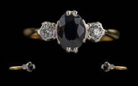 Ladies - Pleasing 18ct Gold 3 Stone Diamond and Sapphire Set Ring. Full Hallmark to Interior of