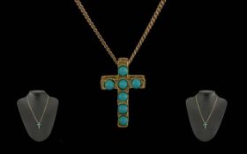 Antique Period Ladies 9ct Gold Cross Set with Turquoise Stones, Attached to a 9ct Gold Chain.