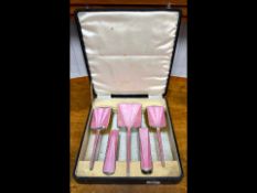 Silver & Pink Enamel Dressing Table Set, in fitted case, comb missing, some slight damage.