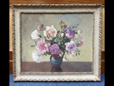 Thomas Bradley Still Life, Oil on Board, flower scene of roses and foliage. Overall size 29