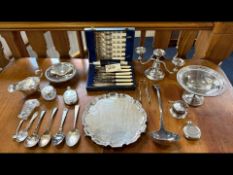 Collection Of Silver Plated Ware - To Include Candelabra, Tureens, Soup Bowl, Tray, Flask, Spoons,
