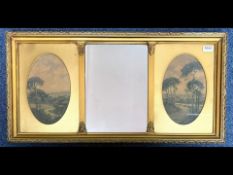 Framed Antique Decorative Piece comprising an Oblong Mirror with Two Oval Paintings.