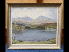 Thomas Bradley Mountain Scene, oil on board, mounted and framed, overall, 25