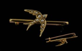 Antique Period Ladies 15ct Gold Figural Small Brooch. Flying Swallow Set with Seed Pearls to Centre.