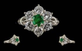 Ladies Excellent 18ct White Gold Emerald and Diamond Set Cluster Ring.