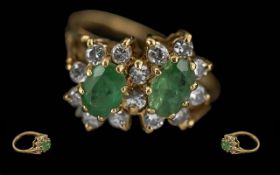 Ladies 18ct Gold Emerald & Diamond Set Double Cluster Ring - Marked 18ct To Interior Of Shank.