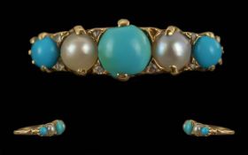Ladies Attractive 18ct Gold Turquoise / Pearl Set Ring. Marked 18ct to Interior of Shank.