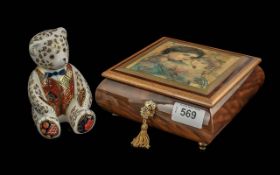 Crown Derby Imari Teddy Bear Paperweight, together with an Italian musical jewellery box.